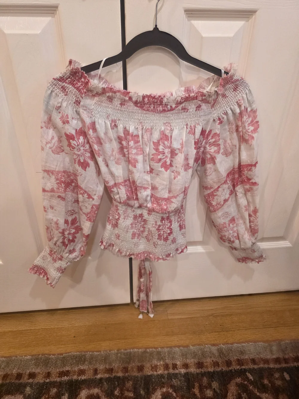 Zimmermann Pink and White Off-Shoulder Floral Smocked Top